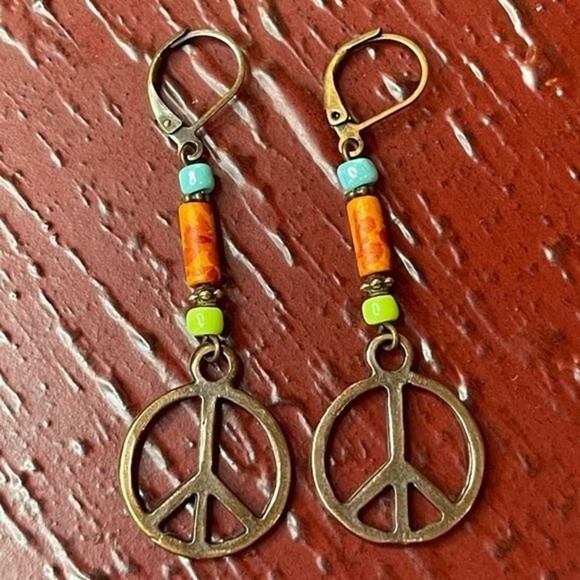 Hand Crafted Artisan Earrings Copper Peace Sign Hippie Boho Colorful # 184 - Picture 6 of 7